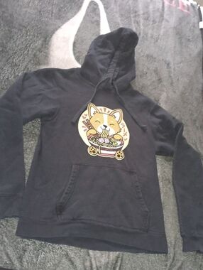 Port and Company Black Hoodie with Yellow & Pink Corgi Ramen Graphic